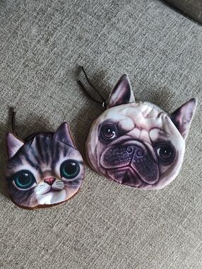 Bulldog And Cat Face Plush Zippered Purses For Your Cards, Makeup,Personal Items